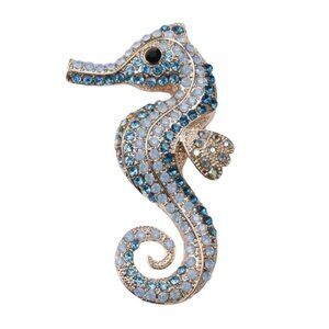 Rhinestone Seahorse Brooch Pin Blue & Gold-Tone Iridescent Crystals